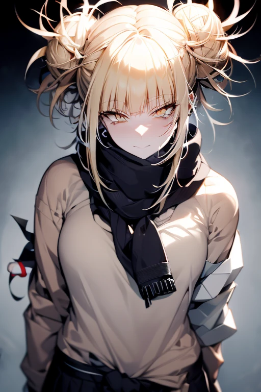 **Himiko Toga (Boku no Hero Academia):** Blonde hair, tied in two messy buns on each side of her head, with some loose strands. Yellow eyes with small, thin pupils. Face with an often sadistic smile and, sometimes, a manic expression. Outfit consists of a Japanese with short skirt and sailor blouse, modified with a thick, voluminous scarf that hides tubes attached to containers on her belt. Equipment includes syringes and blades to collect blood from victims. Overall style combines innocent appearance with dark and disturbing elements, mixing school elements with villainous accessories.