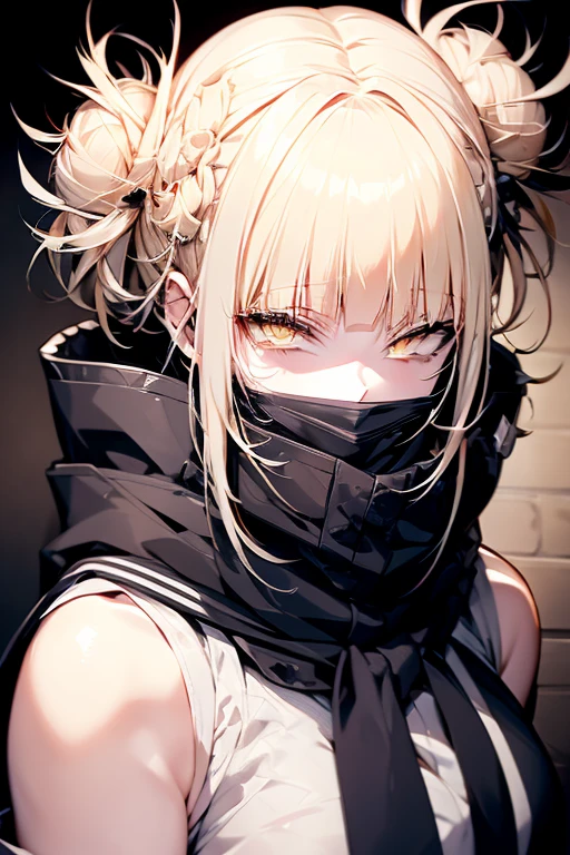 **Himiko Toga (Boku no Hero Academia):** Blonde hair, tied in two messy buns on each side of her head, with some loose strands. Yellow eyes with small, thin pupils. Face with an often sadistic smile and, sometimes, a manic expression. Outfit consists of a Japanese with short skirt and sailor blouse, modified with a thick, voluminous scarf that hides tubes attached to containers on her belt. Equipment includes syringes and blades to collect blood from victims. Overall style combines innocent appearance with dark and disturbing elements, mixing school elements with villainous accessories.