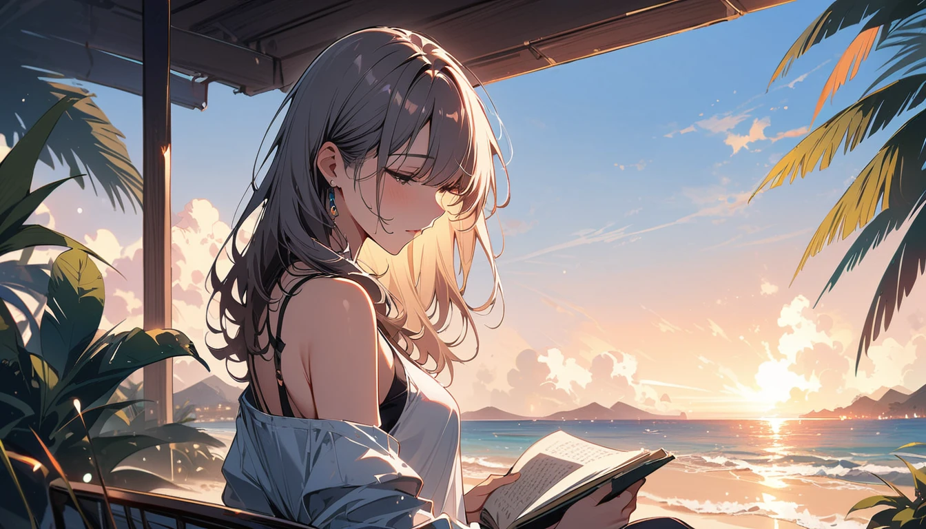 (masterpiece, fine detail, 4k, 8k, 12k, solo, alone, beautiful girl, caucasian woman, sitting, reading, sleeping, beach house, indoors, window light, rainbow light