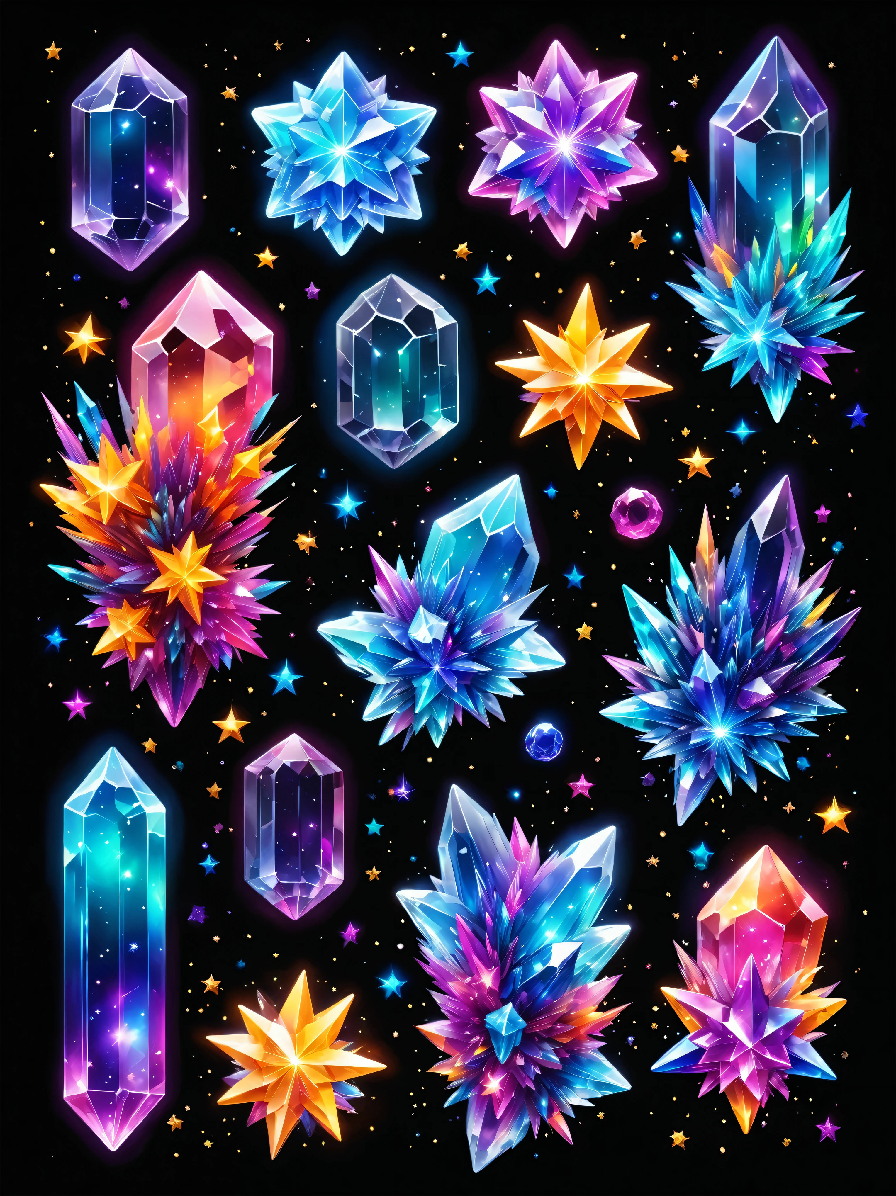 ((best quality)), ((masterpiece)), (detailed), magic crystals, neon crystals, luminous bright colorful crystals, shiny starry galaxy with colorful stars is on the background 