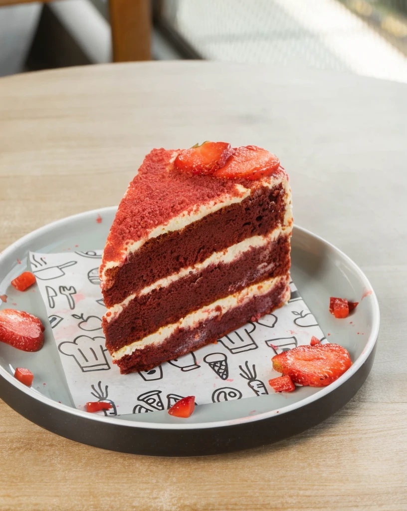 a tasty slice of a red velvet cake with fresh strawberry topping, plated on simple platter, natural wood table, dramatic light, detailed tasty image, hyper realistic photo (masterpiece1.2) UHD, 4k