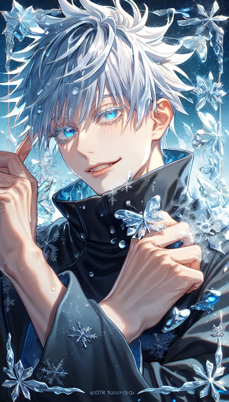 absurdres, highres, ultra detailed, HDR, master piece, best quality, extremely detailed face, delicated features, Gojou Satoru, white hair, with bangs, expressive blue eyes, white eyelashes, Jujutsu Kaisen, sexy man, solo, handsome, smiling, black coat, fantasy, magical, ice, ice butterflies, snowflakes, starry night, ice style