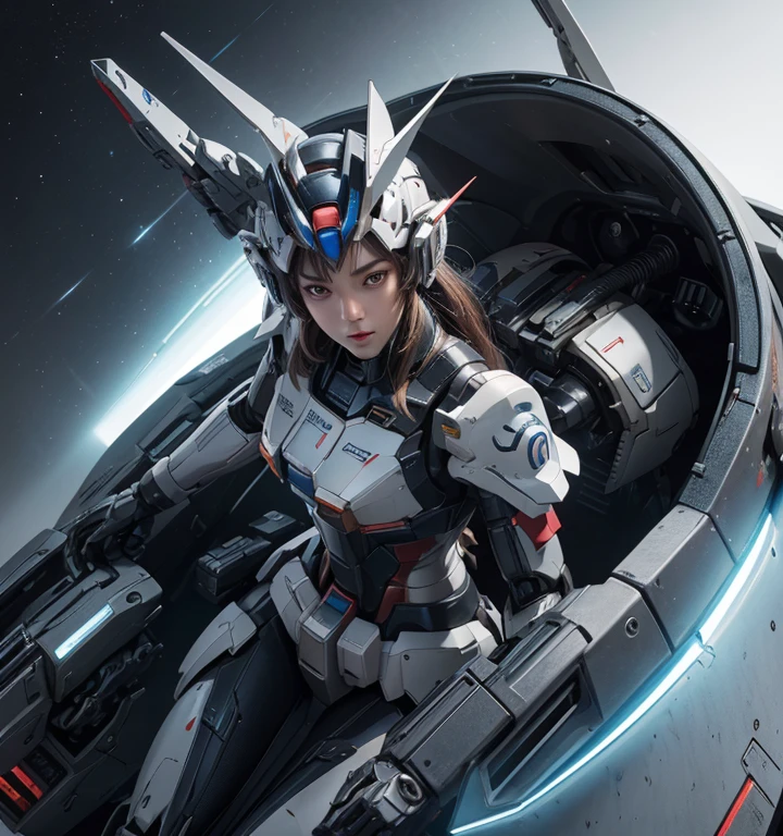 Textured skin, Super Detail, high details,  Best Quality, hight resolution, 1080p, hard disk, a beauty,She wears a futuristic Gundam mecha,(Gundam),Fulll body Shot