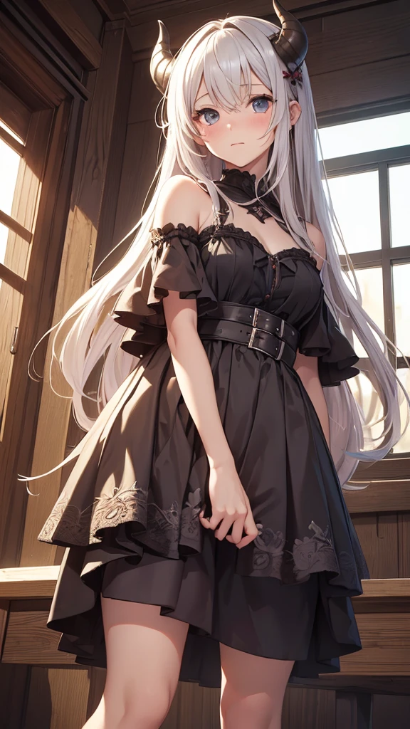 wavy silver hair、red eyes、Beautiful girl alone、doress、off shoulders、a miniskirt、Western-style castle、roses、Black tights