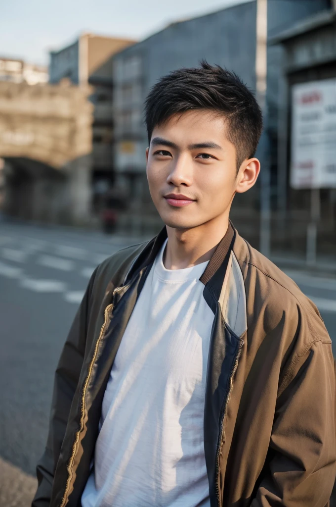 Masterpiece, best quality best, 1 young man, Asian man, East Asian people, one person, The muscles are in good proportion., Posing obscenely, short hair details， white teeth, jacket set, road background, Realistic style，photography，Can be seen from the front, see viewers