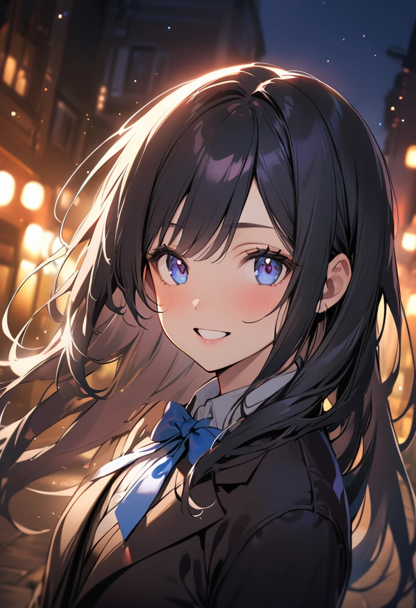 1 girl, long hair, black hair, straight hair, short bangs above brows, happy, 
BREAK (masterpiece), (high resolution 8K), cinematic lighting, professional lighting, detailed eyes and face, detailed body, 
BREAK , blazer, white shirt, blue bowtie, pleated skirt,  
BREAK cowboy shot, dutch angle, 
BREAK night, (depth of field:1.3), portrait, night view, light particles, 