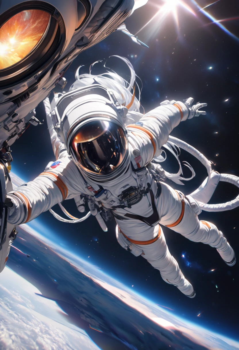 A beautiful cute girl,beautiful detailed eyes,beautiful detailed lips,extremely detailed face,1girl,smooth and seamless astronaut suit, black suits, astronaut transparent full-face helmet, face through helmet visor:1.3, skin-tight sexy spacesuit,zero gravity,futuristic,floating body,spacewalk in zero gravity,hyper detailed,16k,photorealistic:1.37,masterpiece,cinematic lighting,vibrant colors,dramatic lighting,glowing spacesuit,space backdrop,nebula sky,volumetric lighting,professional 3d render
