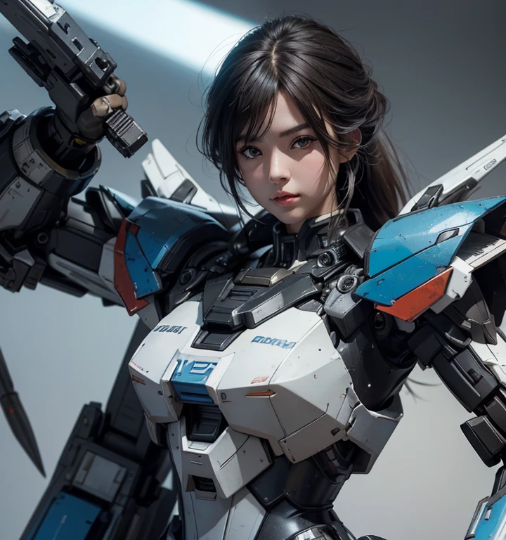 Textured skin, Super Detail, high details, Best Quality, hight resolution, 1080p, hard disk, a beauty,She wears a futuristic Gundam mecha,(Gundam),Fulll body Shot