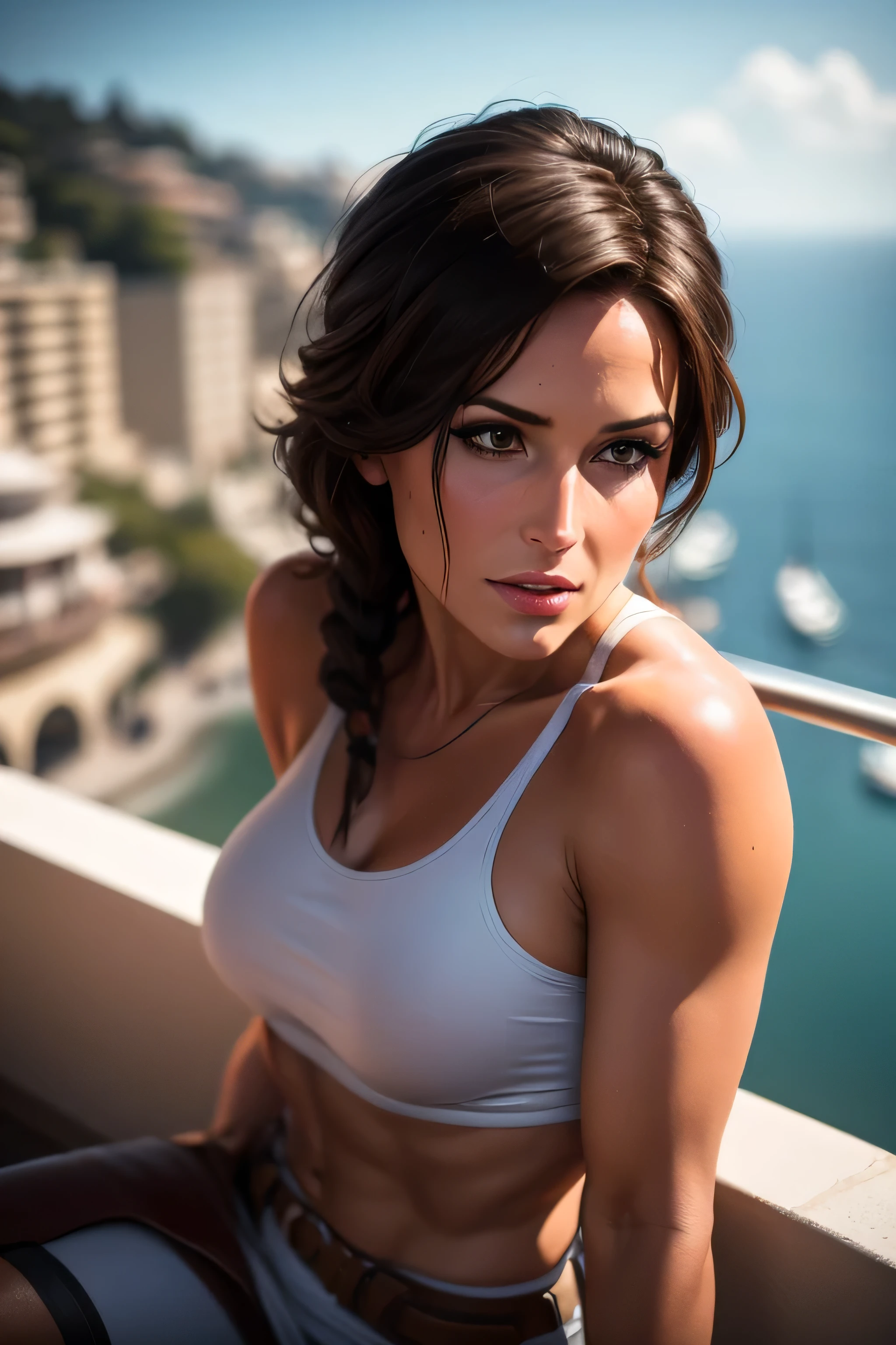 Lara Croft watching the Monaco F1 Grand Prix from the stands, DLSR, sharp focus, soft lighting, masterpiece, perfect face, ultra detailed face, perfect brown eyes, beautiful face, perfect anatomy, the F1 Grand Prix in Monaco in the background