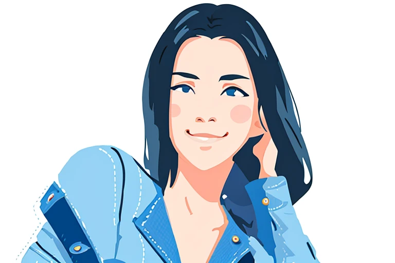 Minimalism, flat shading vector art, 1 black haired asian woman, in blue jeans jacket