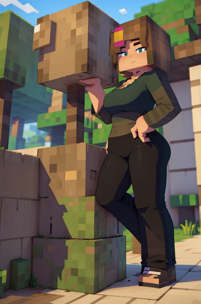 Girl, green eyes, brown hair, blue clothes, black long pants, full body, minecraft girl