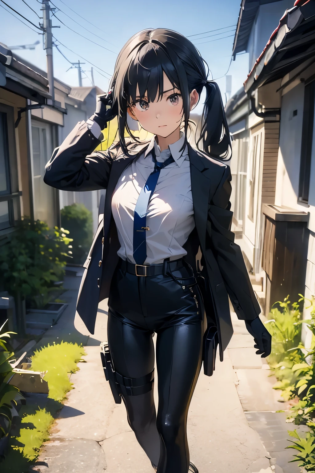 Highest quality, masterpiece, Ultra-high resolution, (realism: 1.4), Oil painting style, Cinema Lighting, An endless grassland dotted with a few houses, I stood on the empty asphalt road and looked at it., Fairy Mountain々was shrouded in mist, And the suspenders with the cranes flying Moderate breasts Small face holster Beautiful woman Lying in bed Looking up Sweat belt summer 脇Sweat Black Hole Gloves suit shirt Black jacket Black trousers Leg Links ズボンにbelt holster Nipples show through the top of clothes