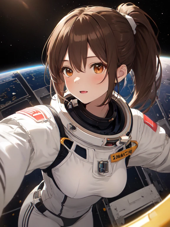Spacewalk, Cute face:1.5, Petite:1.5, 15 years old, Long Hair:1.5, ponytail, Brown Hair, Small breasts, uhd, retina, masterpiece, ccurate, anatomically correct, textured skin, super detail, high details, high quality, best quality, highres, 4K