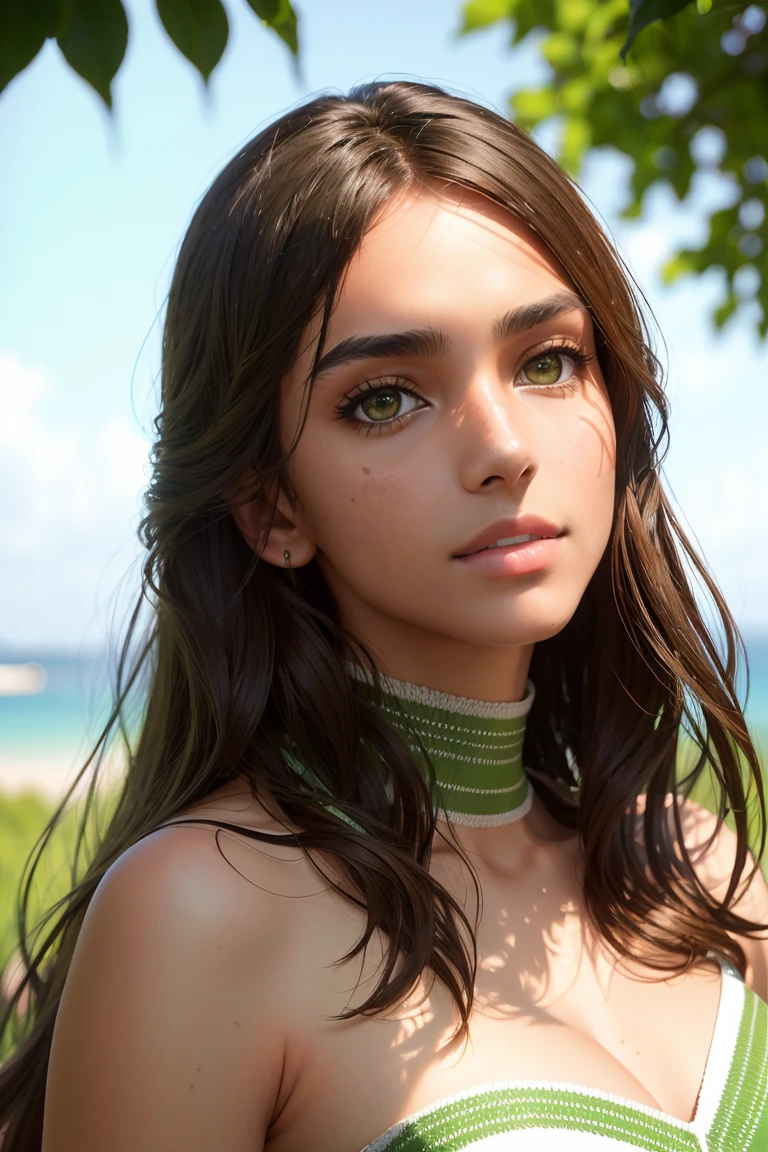 portrait of a woman, black hair, blurry background, forest background, sunny, <lora:AsheMaree_V0.2:1.0>