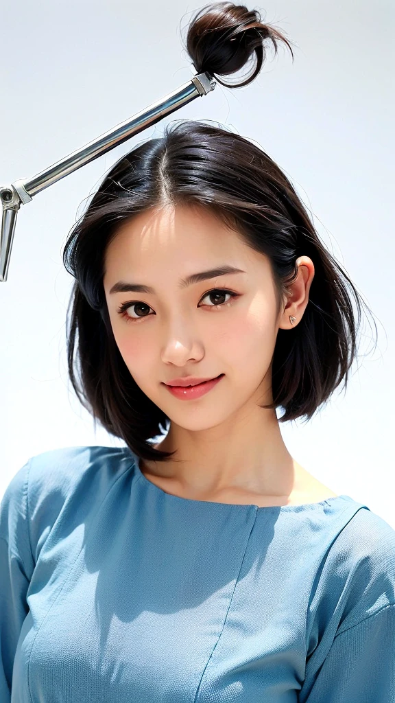 Best-quality, Masterpiece, Ultra-High-Resolution, (Photorealistic:1.4), Raw-Photo, 1girl, 15-years-old, the most popular Japanese idol, at bathroom, innocent-smile, (((extremely cute face like the most famous Japanese idol))), (((extremely beautiful big-solid-circle-eyes))), (((extremely beautiful black-short-cut-haired))), extremely beautiful skins, extremely beautiful long-eyelashes, extremely beautiful lips