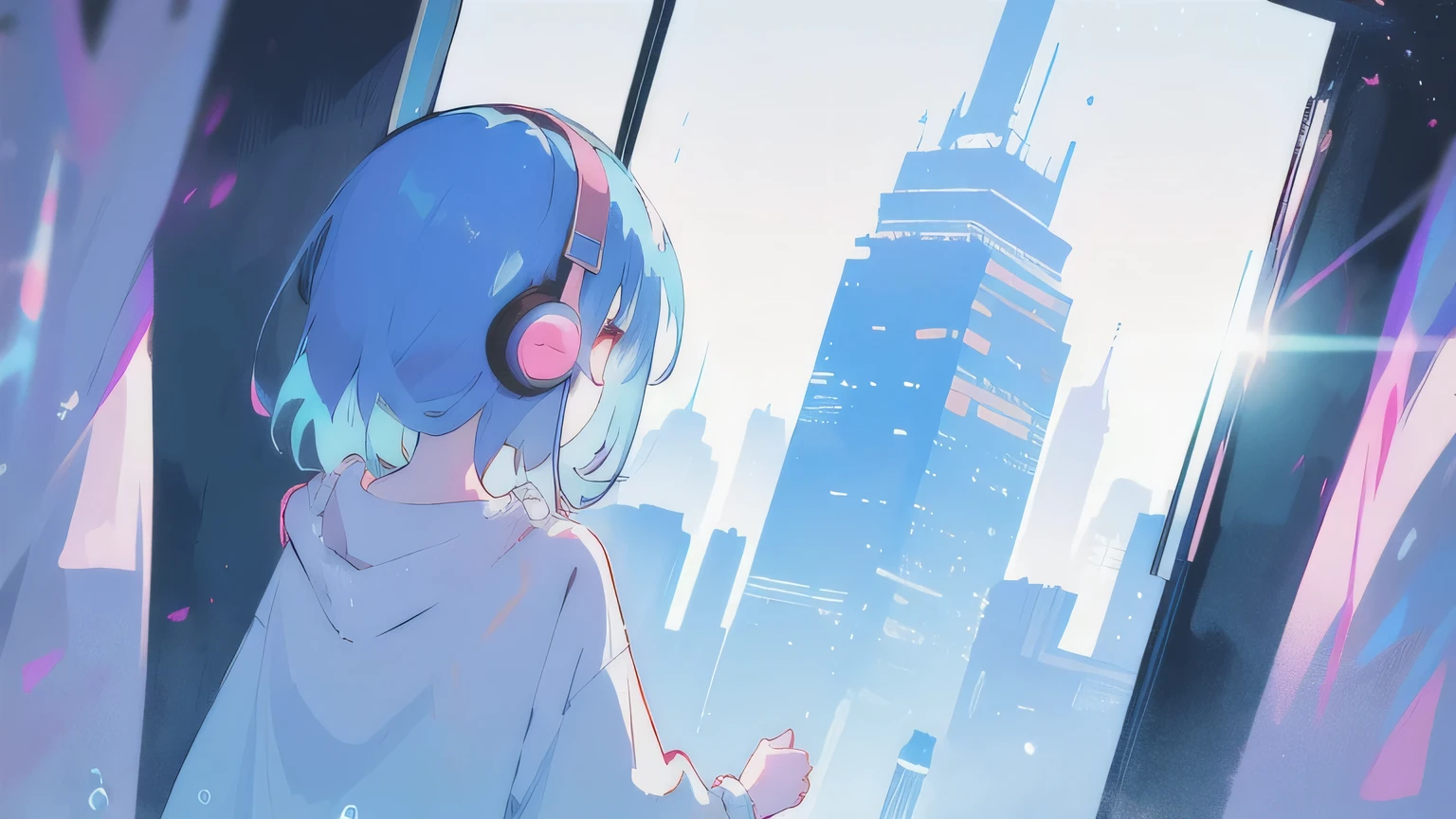 (((back view))),A young girl with short, choppy blue hair and vibrant pink headphones stares with wide, curious eyes at a giant, transparent bubble floating before her. Inside the bubble, a monochrome cityscape unfolds, filled with towering skyscrapers, tiny cars, and people seemingly frozen in time. The girl wears a colorful, oversized hoodie with a whimsical design and ripped jeans. The background features a bright, sunny sky with fluffy white clouds, contrasting sharply with the grayscale world inside the bubble. The art style is anime-inspired with exaggerated features and expressions, emphasized by bold outlines and cel-shading. The light source comes from the top left, casting a soft glow on the girl and the bubble, highlighting the texture of her hair and clothes. The overall composition is dynamic and eye-catching, focusing on the contrast between the vibrant colors of the girl and the desaturated world within the bubble.