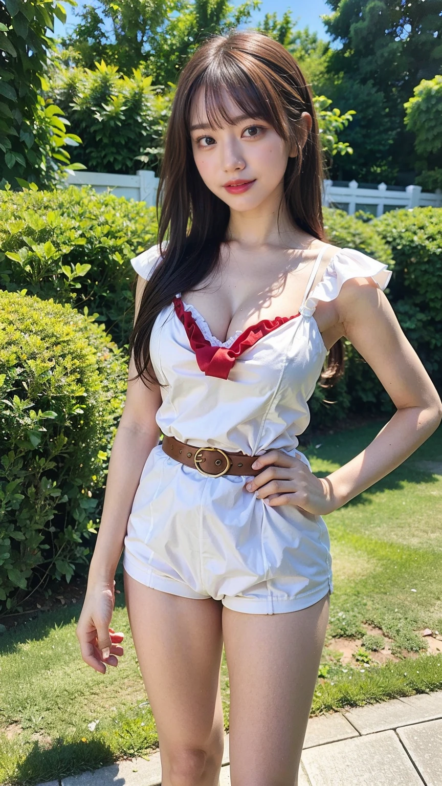 (best quality,4k,8k,highres,masterpiece:1.2),ultra-detailed,(realistic,photorealistic,photo-realistic:1.37), ((standing, full body, long shot:1.2)), ((Smiling, showing off perfect white teeth:1.4)), BREAK (white and red theme:1.4), (white hair band with fake white rabbit ears:1.4), (white strapless leotard with red obi:1.4), ((white long kimono sleeves with red lace-up, bare shoulders):1.3), ((white choker with red Japanese shrine amulet, omamori):1.3), bare thighs, ((white overknee socks, white long tights):1.3), (japanese wooden clogs geta:1.2), ((Skin is radiant and glowing:1.3))