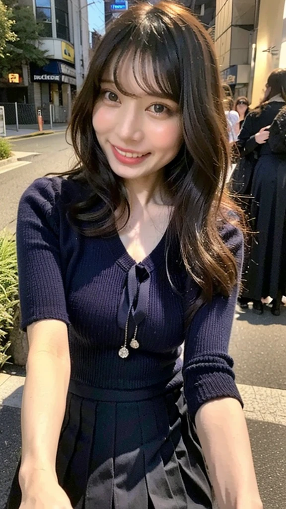 (8K, RAW photo, highest quality, masterpiece:1.3), (realistic, photo-realistic:1.4), (Highly detailed 8K wallpaper), sharp focus, Depth of written boundary,
japanese idol,very cute,(baby face), (extremely detailed 8k wallpaper),photorealistic,detailed skin,raw photo,1 girl,(japanese high school uniform),17 years old japanese idol,((polo shirts)),(drooping eyes),tareme,plaid skirts,smile,arms behind back,slender,small breast,button gap, school bag slung across the shoulder、(The straps of the bag pass between the chest:1.3)、(Paisla:1.2)