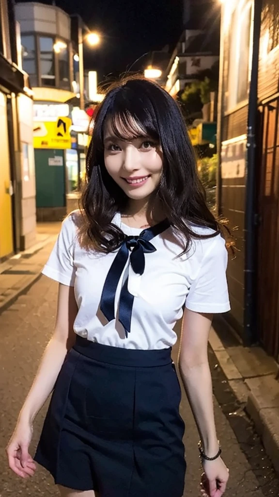 (8k, RAW photo, best quality, mastery:1.3),(realistic,photo-realistic:1.37),(night),(looking viewer:1.331),(white hair),posing,Tokyo street,nightcityscape,cyberpunk city,soft light, 1girl, extremely beautiful face, perfect body proportions, focal length, bust, casual hairstyle, smile, big eyes, (short sleeves JK_shirt), JK_style, (navy JK_skirt), (bow JK_tie), mix4, detailed eyes