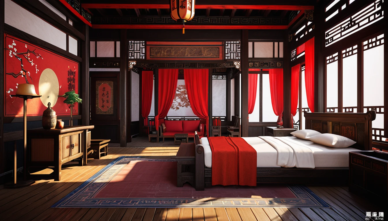 There is a room with a bed and a table and chairs, Beautiful rendering of the Tang Dynasty, g liulian art style, Cyberpunk Chinese Ancient Castle, Onmyoji Detailed Art, Popular topics on cgstation, bian lian, asian interior decoration, Unreal Engine ; romantic theme, In line with Chinese aesthetics, Rendering in Unreal 5, Chinese style, Inspired by Dong Yuan