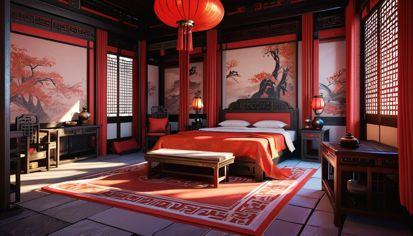 There is a room with a bed and a table and chairs, Beautiful rendering of the Tang Dynasty, g liulian art style, Cyberpunk Chinese Ancient Castle, Onmyoji Detailed Art, Popular topics on cgstation, bian lian, asian interior decoration, Unreal Engine ; romantic theme, In line with Chinese aesthetics, Rendering in Unreal 5, Chinese style, Inspired by Dong Yuan