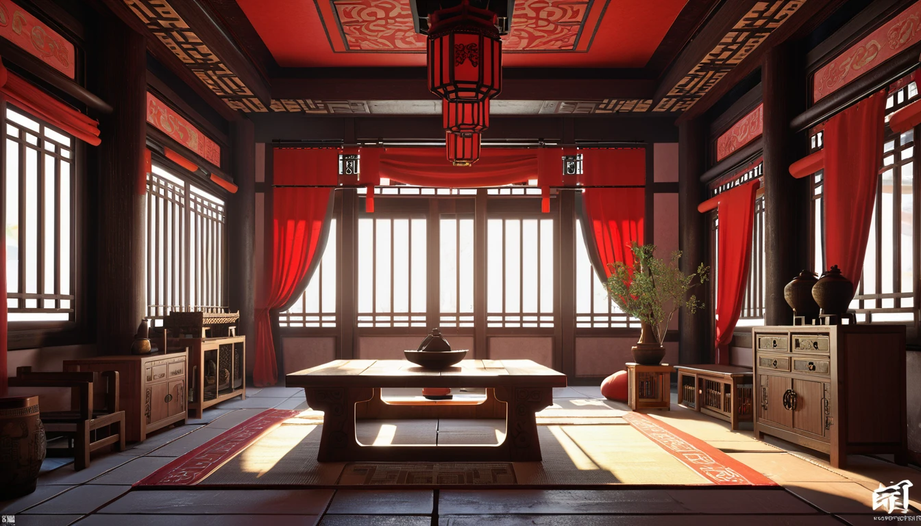 There is a room with a bed and a table and chairs, Beautiful rendering of the Tang Dynasty, g liulian art style, Cyberpunk Chinese Ancient Castle, Onmyoji Detailed Art, Popular topics on cgstation, bian lian, asian interior decoration, Unreal Engine ; romantic theme, In line with Chinese aesthetics, Rendering in Unreal 5, Chinese style, Inspired by Dong Yuan