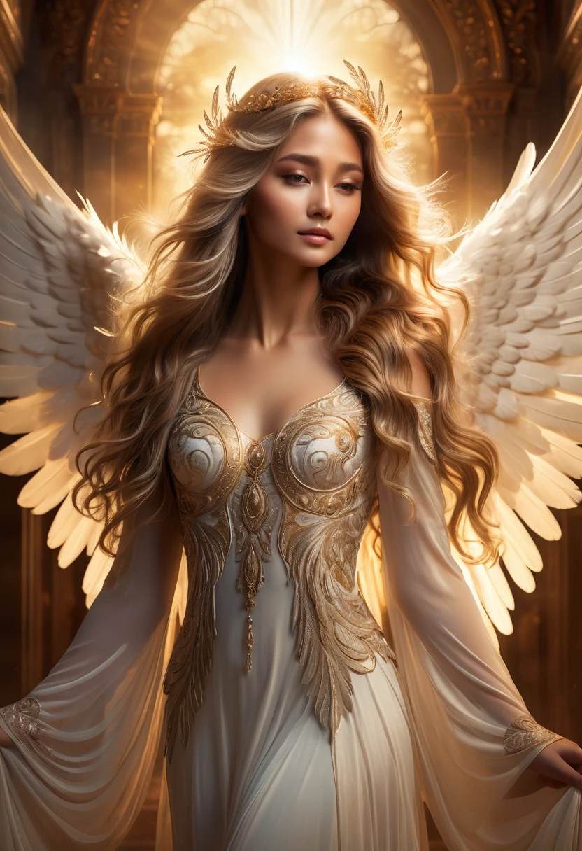 A beautiful angel with long flowing hair, detailed feathered wings, glowing halo, ethereal expression, graceful pose, warm lighting, heavenly background, intricate ornate details, lush detailed texture, cinematic lighting, fantasy art, muted color palette, dramatic atmosphere, masterpiece