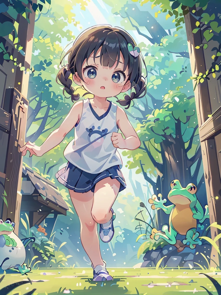 Highest quality、High resolution、Detailed Background、Beautiful face in every detail、Anatomically correct、Detailed facial expressions、fine grain、((One Girl))、Cute hair color、Braided twin tails、(Chibi Girl)、Lower grade primary school students, (Tank top、Ｖneck、mini skirt、Cute Shoes)、Running at full speed along a single road in a deep forest、A lot of tears in my eyes、She looks like she&#39;s about to burst into tears、Scream and run away、Shooting from below、(A frog several dozen times larger than the girl chases her from behind.:1.2、He approaches the girl from behind, kicking up dust.、He has his mouth wide open and is about to eat the girl.)、Mr.々Small animals run away together