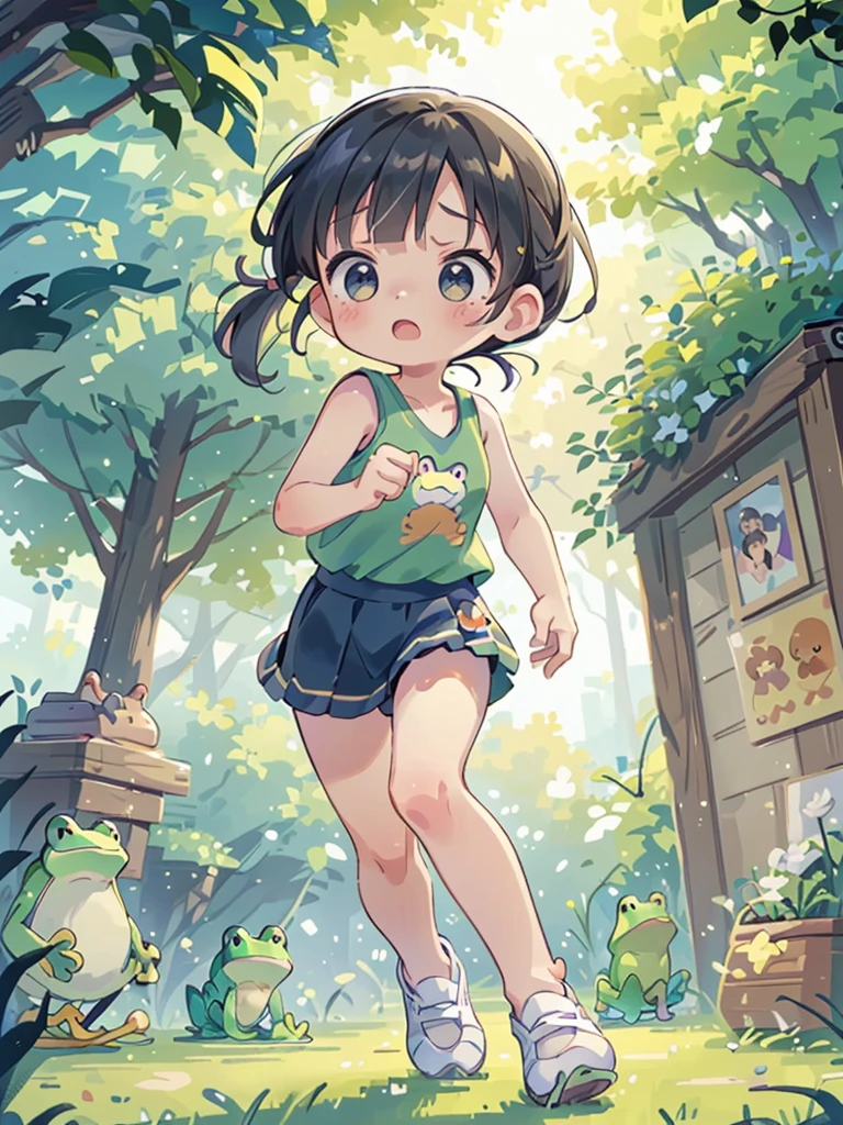 Highest quality、High resolution、Detailed Background、(Beautiful face in every detail:1.4)、Anatomically correct、(Detailed facial expressions)、(fine grain:1.2)、Teenage Beauty、Cute hair color、Braided Ponytail、Braided bob cut、Braided twin tails、Lower grade primary school students, (Tank top、Ｖneck、mini skirt、Cute Shoes)、Perfect body line、A caterpillar is frightened and runs away:1.5、(Run away quickly!！:1.5, Run faster!！:1.5, Frog family cheers you on:1.5), I have tears in my eyes、An expression that looks like it's about to cry、Photographed from the front