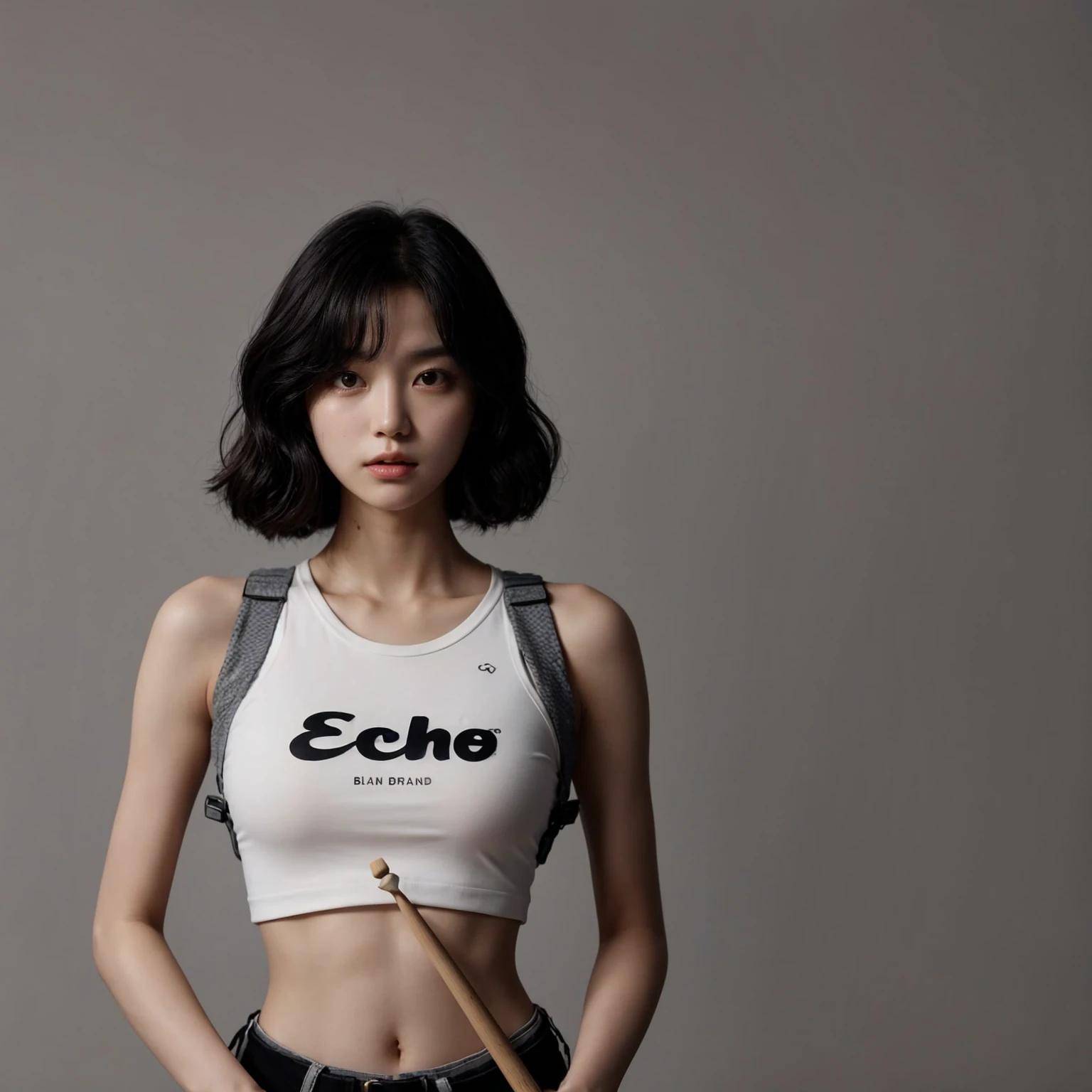 A 20-year-old Korean girl with medium-length black wavy bob hair, medium bust size, medium arm size, a perfect body, and an athletic build. She is wearing a plain white T-shirt with the word "ECHO" on it and a vest. With a serious expression, she looks at the camera while holding drumsticks in her left and right hands. Her arms are straight at her sides. The background is gray.