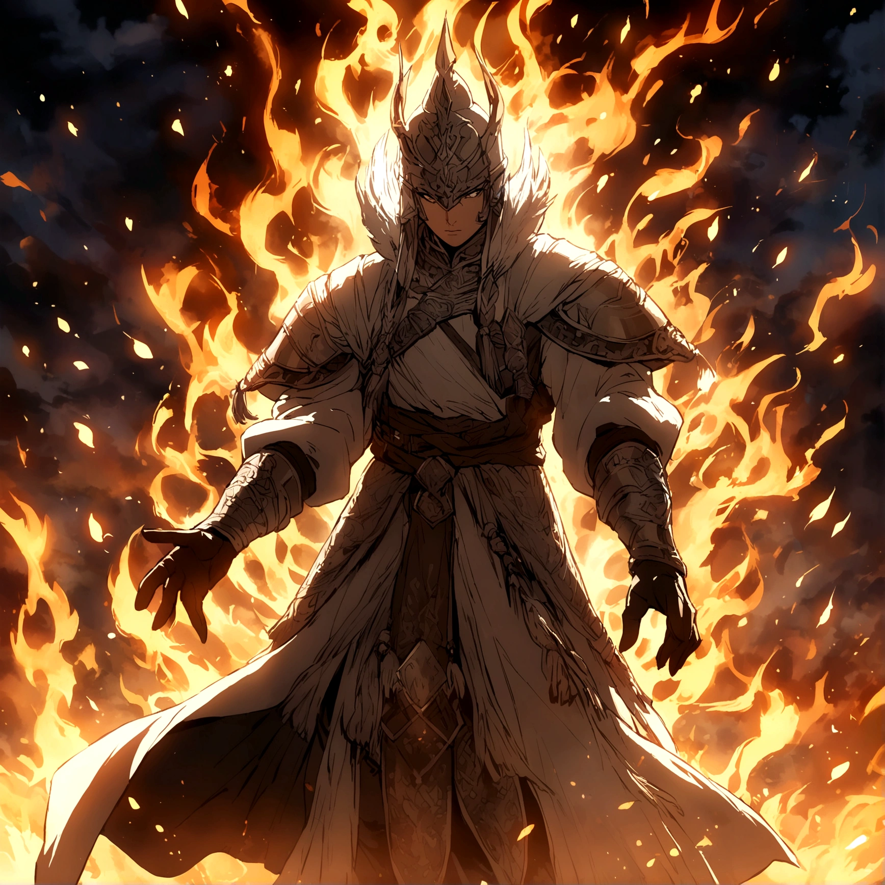 A male Chinese warrior, middle-aged, wearing black cloth from the Spring and Autumn period, white hair, holding a Chinese long sword, fighting in flames