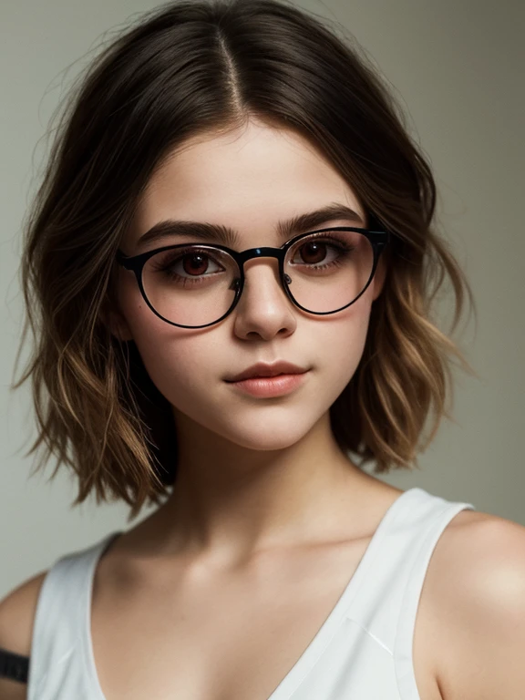 Best quality, Ultra high resolution, (Photorealistic:1.4), (masterpiece, Best quality:1.2),Full-length photo portrait of a young chubby Russian punk girl in glasses, 22 years old with aesthetic small breasts with beautiful erect nipples, corneal reflections, whole body, Detailed human skin texture, beautiful elastic body, aesthetic completeness, Beautiful face, mischievous expression on his face, one-sided grin, spiky tousled hair, very tousled shoulder length brown tousled hair (rebellious late 80s punk hairstyle), Brown eyes, ((glasses with lenses in black frames)), a little crazy look, sparkle in the eyes, ((short stature)), athletic build, безупречный строгий белый translucent lab coat на голое тело(I don&#39;t wear panties because it&#39;s hot)(I don&#39;t wear a bra because it&#39;s hot)(translucent lab coat:1.5)(nurse:1.5), White Boots, beautiful hands, Graceful fingers, почти незаметная one-sided grin, Free standing pose, in the hospital premises , ( 1980s Rocker Hairstyle)), Realistic photography, texture of photo paper, full length, (beautiful clear detailed face:1.2), Increased image sharpness, sharp image, high quality textures, high detail, realistic textures 