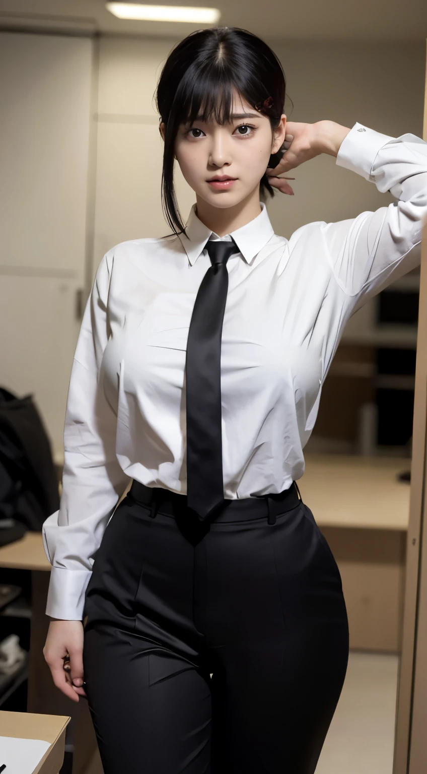 Highest quality、Ultra-high resolution、Professional Lighting、Detailed Background、workroom、full body,Kobeni-chan、A sloppy smile、25-year-old woman、beautiful girl、(Kobeni-chan、Jet black hair, Black Hair, bangs, One-sided hair,)、(Red Hair Clip:1.1)、(White shirt:1.2)+(Black tie:1.2)+(black long pants for work:1.2)、(Huge breasts that look like they might burst:1.2)、(Big thighs:1.1)、Are standing、Model pose