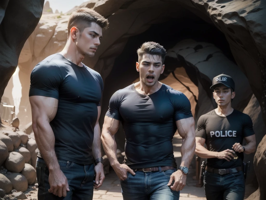 (Man walking in the city in the middle of the road),(crew cut hair:1.3),black eye,(Wear a fitted round neck t-shirt in navy with a police badge.:1.5),(t-shirt fit neck:1.5),Navy blue jeans,(black_gloves:1.2),Korean guy,chest muscles,large arm muscles,blood vessel,Big muscles,Broad shoulders,(open mouth:1.5),(open eyes:1.3),(cave dungeon:1.5),