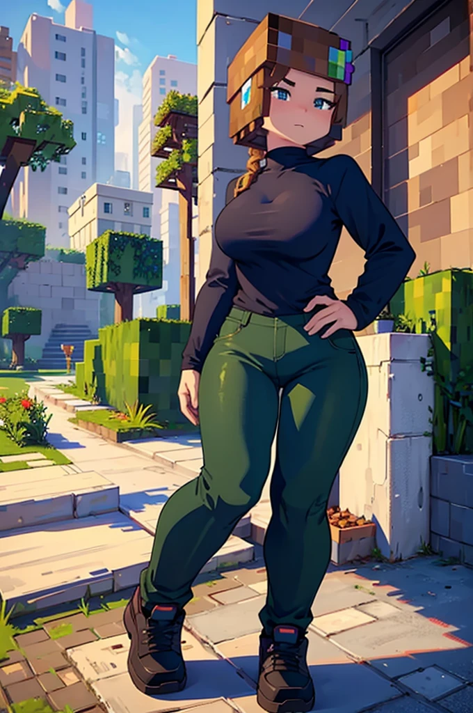 Girl, green eyes, brown hair, blue clothes, black long pants, full body, minecraft girl