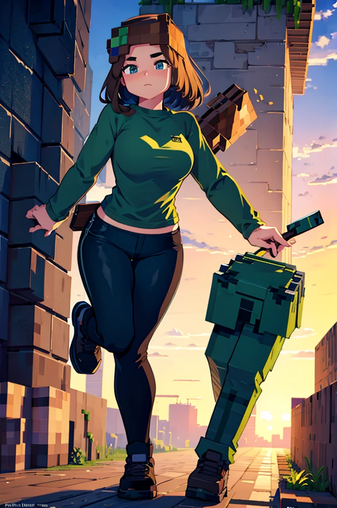 Girl, green eyes, brown hair, blue clothes, black long pants, full body, minecraft girl