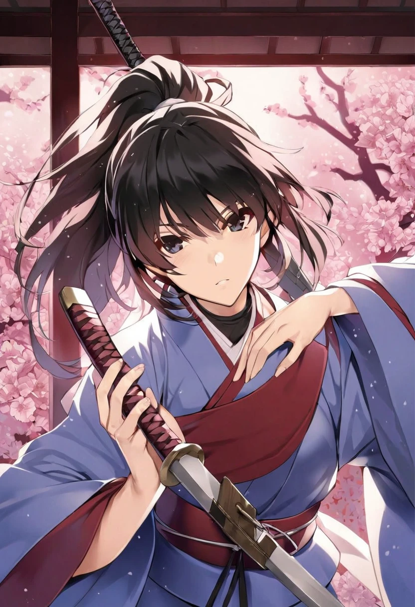 Please create a high quality anime-style illustration depicting a cool, mature young samurai.
- Long black hair tied into a ponytail, blue kimono with black collar and red obi.
- He has his hand on the hilt of his sword and a serious expression on his face.
- Against the backdrop of a spring scene with dancing cherry blossoms, a dramatic and tense atmosphere is created.
- The detailed and realistic art style makes full use of 4K resolution and cinematic lighting to accentuate the textures and expressions of the characters.