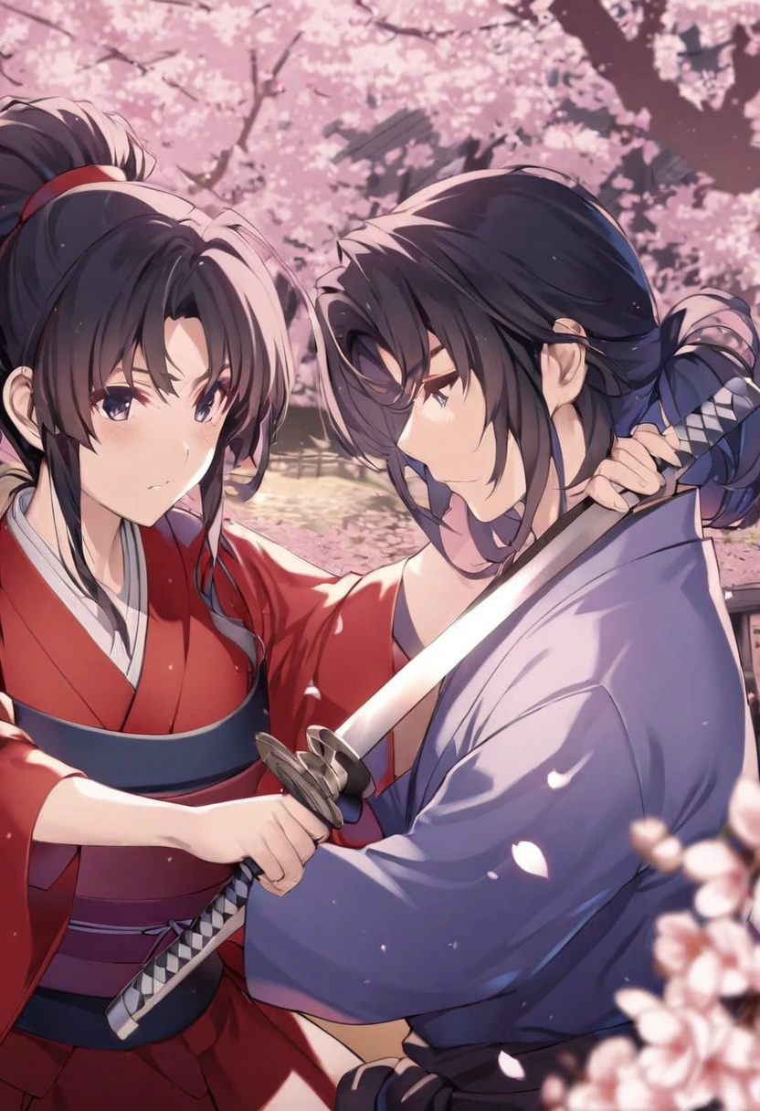 Please create a high quality anime-style illustration depicting a cool, mature young samurai.
- Long black hair tied into a ponytail, blue kimono with black collar and red obi.
- He has his hand on the hilt of his sword and a serious expression on his face.
- Against the backdrop of a spring scene with dancing cherry blossoms, a dramatic and tense atmosphere is created.
- The detailed and realistic art style makes full use of 4K resolution and cinematic lighting to accentuate the textures and expressions of the characters.