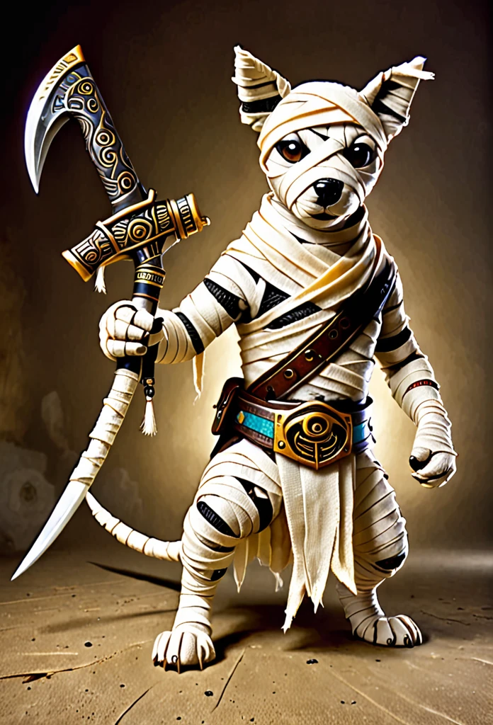 Mummy dog holding weapons for fight, wearing mummy bandage 