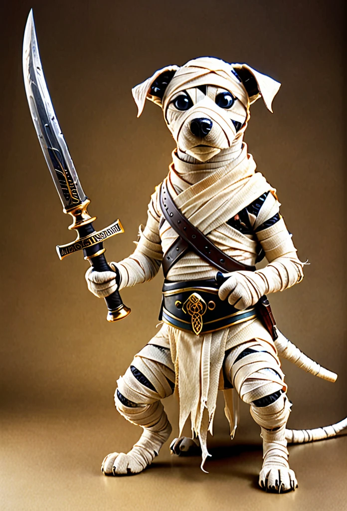 Mummy dog holding weapons for fight, wearing mummy bandage 