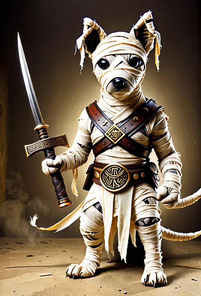 Mummy dog holding weapons for fight, wearing mummy bandage 