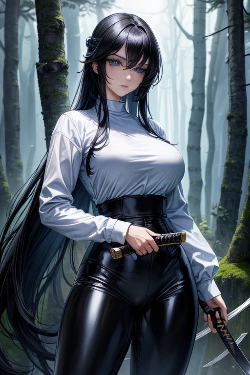 Masterpiece, high quality full length portrait of 1 woman (maduro)) YOUNG), Holding a katana, (long sleeve white shirt), (shiny black leggings), beautiful thin face, detailed face, long hair, (black hair), BIG BREASTS, pale and light skin, detailed eyes, ((blue eyes)), shy expression, set in a dark forest environment background, evening, Moonlight