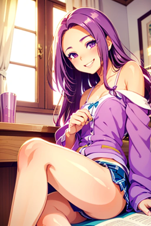 (seira sodeshiro) (highest quality) (very sensual, positive energy) (((solo lady))) (delicate face) (long flowing disheveled hair) ((tanned skin)) (penetrating look) ((extremely pretty)) (she is close to you)) ((teasing you with her hair)) ((your pov)) ((lively colours)) ((loveliest girlfriend)) ((studying)) ((softly smiling))