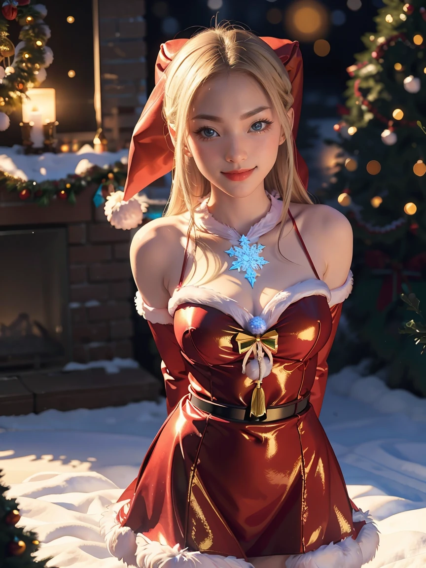 masterpiece, best quality, ultra-detailed, illustration,1girl, looking at viewer, best quality,depth of field,(closed mouth,light smile,blue eyes:1.1),beautiful detailed glow , (santa costume:1.3),(hands behind back:1.3),(arms behind back:1.3),blaze (arknights),   