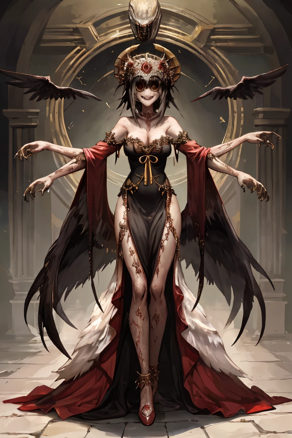 ((best quality)), ((masterpiece)), (detailed), monstrous, Beautiful, Best quality, perfect lighting, NSFW, monster smile with crooked fangs, mask covering eyes, Very skinny, disproportionately long arms, head of a vulture, scruffy dirty feathers, diseased, A sinister aura, something, chained, deity, cultist clothing, full body