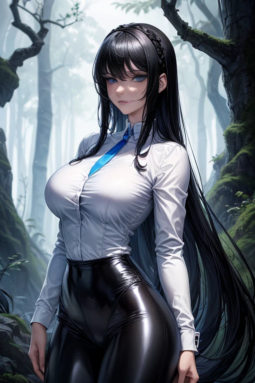 Masterpiece, high quality full length portrait of 1 woman (maduro)) YOUNG), Holding a katana, (long sleeve white shirt), (shiny black leggings), beautiful thin face, detailed face, long hair, (black hair), BIG BREASTS, pale and light skin, detailed eyes, ((blue eyes)), smug happy expression, set in a dark forest environment background, evening, Moonlight