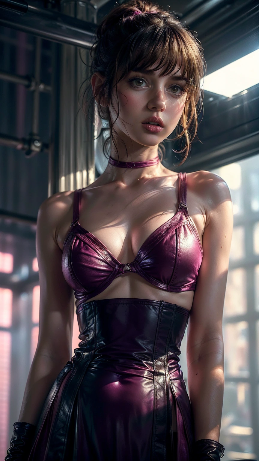 (((ultra realistic))) Photo, masterpiece, top quality, (pale skin), (ultra detailed face and eyes:1.3), 1 girl, adult, in a dress, ((Eye makeup, pink mascara)), ((fake detailed lips)), ((pink волнистые волосы)), ((Stylish hairstyle)) , (natural breasts), (Thin waist). ((posing, hands on chest)), photoshoot, (soft) lighting, (The play of light and shadows), depth of field, hips, (special attention to leather details: 1.2), detailed skin texture, skin pores. (Erotic atmosphere of the frame. Color range - purple, pink, Tons), DR, ((Granularity)), ((rays)), (glare), ((waist-length portrait)) , ultra detailed, rear view, look at camera