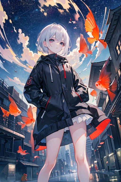 woman\(student, 15 years old, JK, Short silver hair floating, Space-colored eyes, school black uniform, Pale skin, Tired face、lack of shine in the eyes\) Looking up at the sky, (Many shiny red scale goldfish swimming in the air), (Transparent bubbles, like those in water, sparkle here and there in the sky.), Beautiful sky, Beautiful Clouds, There is a puddle on the ground、The scenery is beautifully reflected, Looking up at the wide sky from a narrow back alley in a cluttered downtown area, Colorful summer flowers are blooming everywhere., I see the wind blowing and shining, There is a noon moon and a noon star in the sky,From below, break ,quality\(8K,非常に精細なCGユニットのwallpaper, masterpiece,High resolution,top-quality,top-quality real texture skin,Surreal,Increase the resolution,RAW Photos,最高quality,Very detailed,wallpaper,Cinema Lighting,Ray-tracing,Golden Ratio\),Take the long view