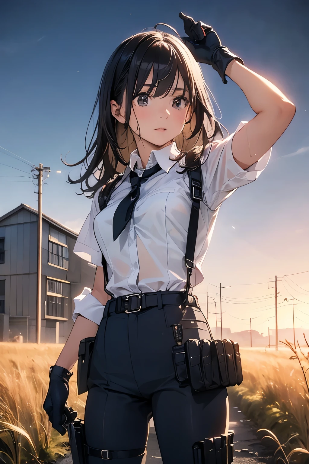 Highest quality, masterpiece, Ultra-high resolution, (realism: 1.4), Oil painting style, Cinema Lighting, An endless grassland dotted with a few houses, I stood on the empty asphalt road and looked at it., Fairy Mountain々was shrouded in mist, And the suspenders with the cranes flying　　　Moderate breasts　 　 　　　　Small face　 　　　holster　　　Beautiful woman　　　　 Lying in bed　Looking up　　　　Sweat 　　　belt　summer　脇Sweat 　Black Hole Gloves　suit　shirt　　Black jacket　 Black trousers　Leg Links　ズボンにbelt　　holster　Nipples showing through clothes, caught　Both hands above the head　Hands behind your back