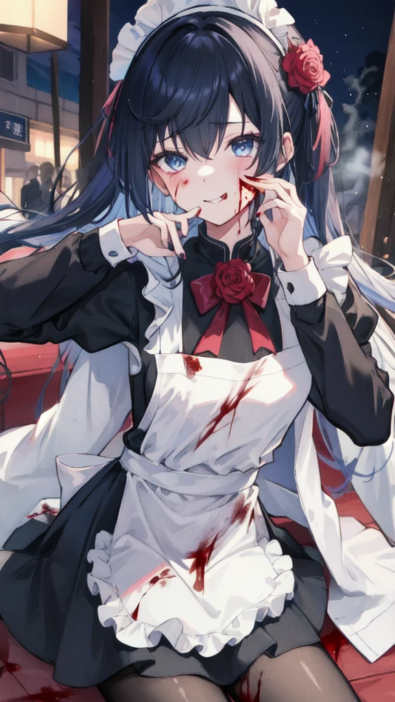 (masterpiece:1.2, Highest quality), (Actual Photos, Intricate details), (1 female, alone, Upper Body, Small breasts) ，With eyes wide open、Scary atmosphere、Distorted facial expressions、ねじれた笑face、Bloodまみれ、頭からBloodが出る、Bloodしぶき、whole body、Punk Fashion、Long Hair、長めのbangs、Twin tails、Black Hair、（（（Dark circles under the eyes）））、Pale skin、Feeling unwell、Pathological、邪悪な笑face、Crazy Eyes、（Grin）Dramatic makeup，Create mixed media art、White Background,Full body depiction on screen,whole body図,Well-built,Nice body,Shoulders wider,focus on,(face),Messy Hair,Yellow Eyes,(Glowing Eyes),(Bloodしぶき:1.7),Red light,笑face,big 笑face,tooth,psycho 笑face,gesugao,Dark city background,darkness,night,(close),Good Eyes, good teeth,Large Breasts,魅惑的な笑face,military hat,latex thigh high,Large Breasts,Black Hair,Pink Eyes,Pink leotard,pantyhose,Military coat,Patent leather suit,Glossy lips,Sitting,Bust Shot,サディスティックな笑face,,all,Shiny skin,Military coat,詳細なface,Beautiful body,whole body,Adult,whole body油まみれで光沢感がある　whole bodyから湯気が出ている　Steam like a sauna room fills the entire screen.　White breath from the mouth　In town　People who fight fear々　A fugitive々　Pedestrian precinct　, Long Hair, alone, blue eyes, Maid headdress, View your viewers, Maid, Blood, blush, Bring your fingers to your mouth, 笑face, bangs, Hair between the eyes, apron, dress, gotou hitori, Long sleeve, Frills, Blood on clothes, Upper Body, Manicure, be quiet, Juliet Sleeve, black dress, flower, indoor, Maid apron, Blood splatter, Puffy sleeves, Blood on face, Purple Nails, Pointing finger up, Rose